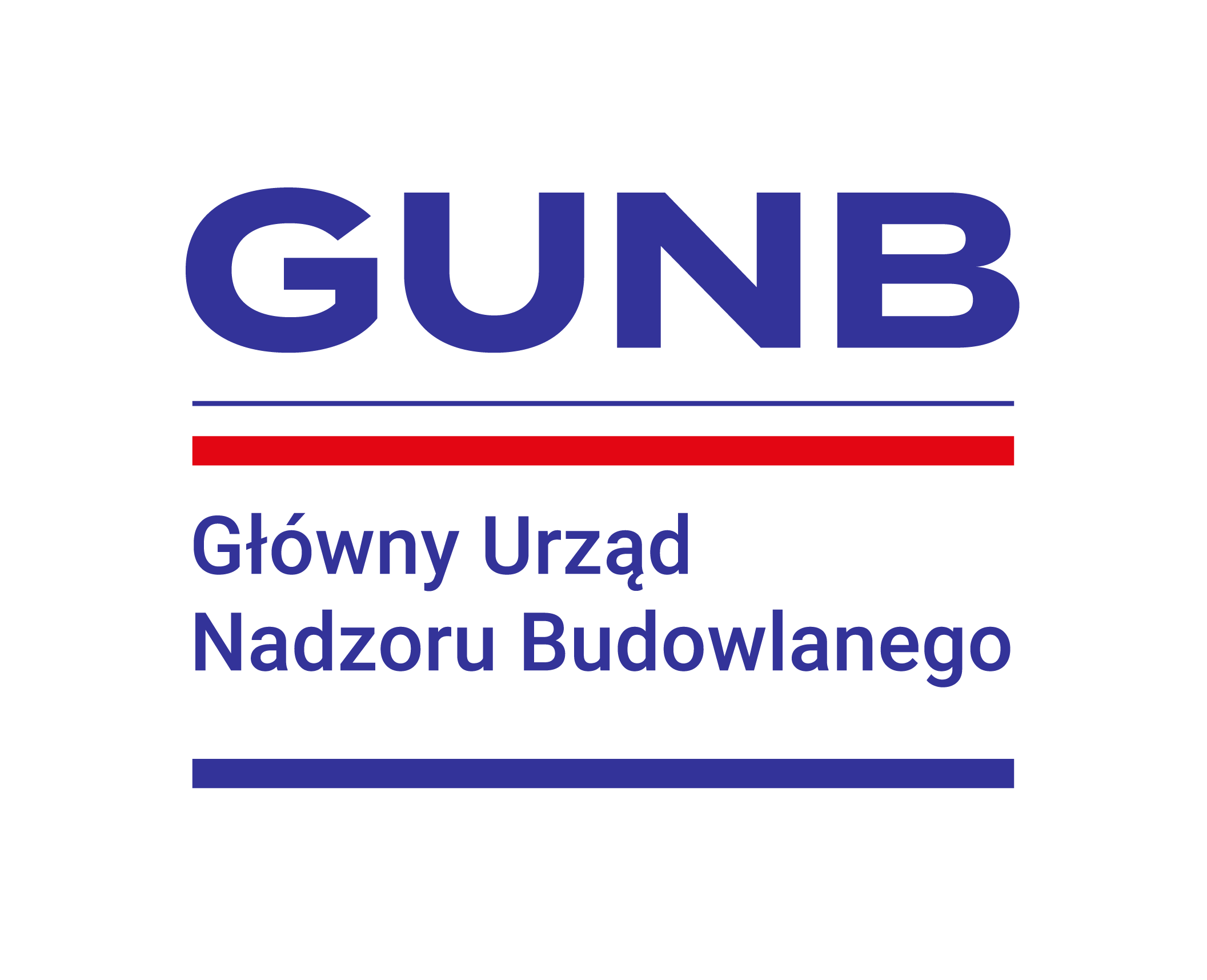 granatowy skrót nazwy urzędu: GUNB oddzielony poziomym paskiem w kolorach flagi Polski: białym i czerwonym. Poniżej znaku graficznego znajduje się napis Główny Urząd Nadzoru Budowlanego